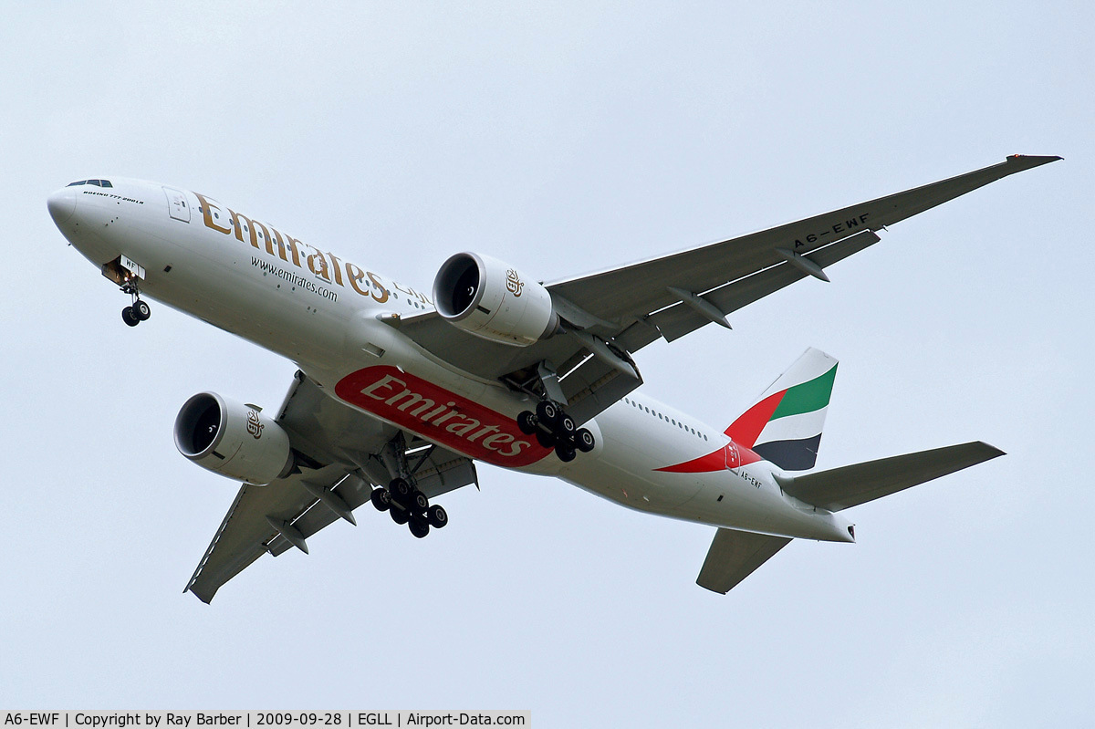 A6-EWF, 2008 Boeing 777-21H/LR C/N 35586, Boeing 777-21HLR [35586] (Emirates Airlines) Home~G 28/09/2009. On approach 27R.
