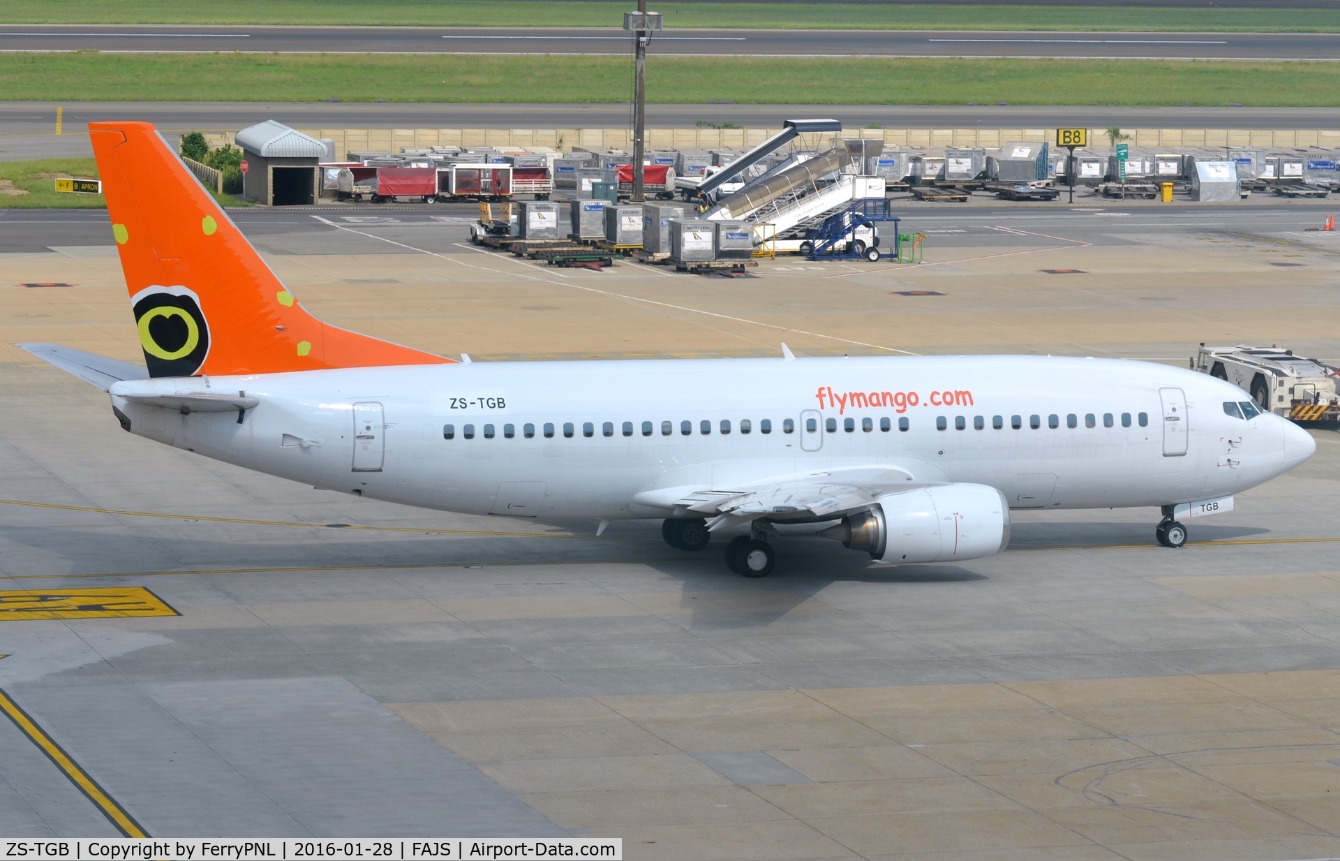 ZS-TGB, 1998 Boeing 737-36Q C/N 29327, Mango B733 pushed back for departure.