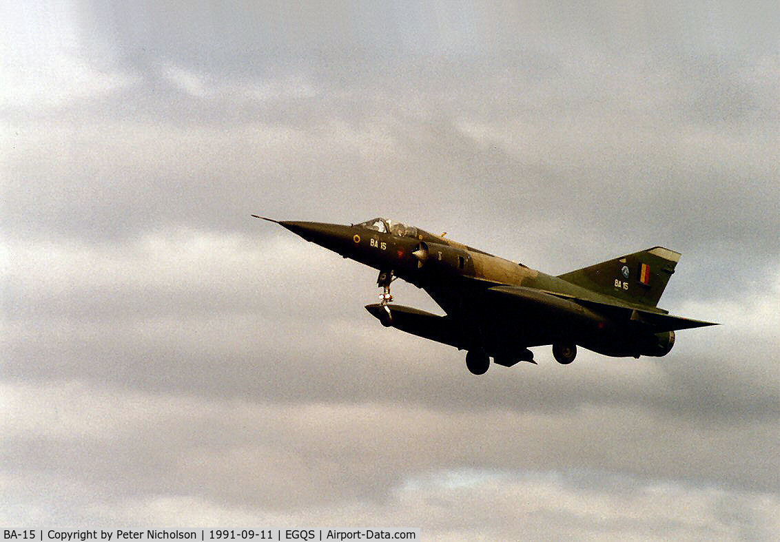 BA-15, Dassault Mirage 5BA C/N 15, Mirage 5BA of 8 Squadron Belgian Air Force on final approach to RAF Lossiemouth in September 1991.