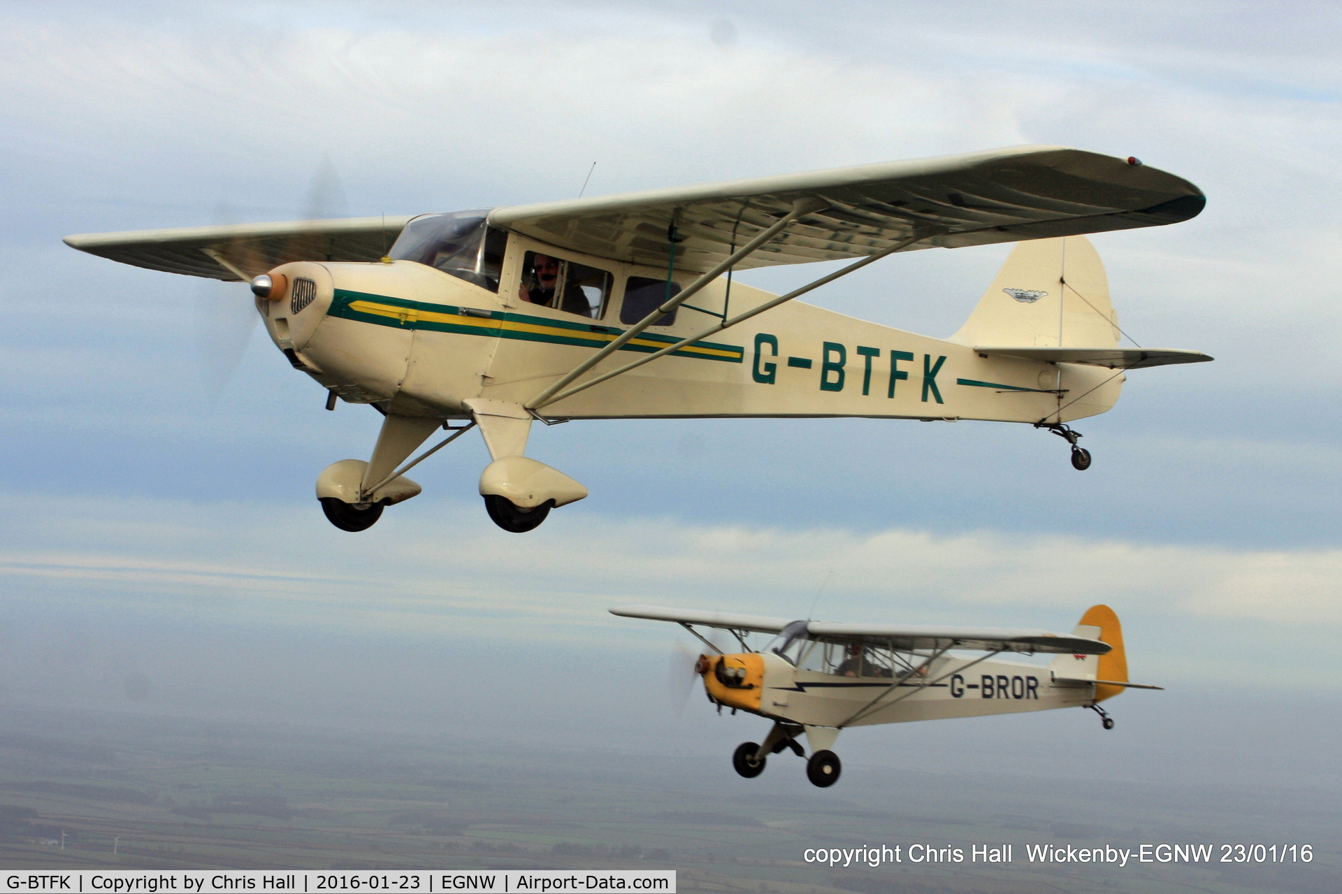 G-BTFK, 1947 Taylorcraft BC-12D Twosome C/N 10540, in formation with G-BROR over Wickenby