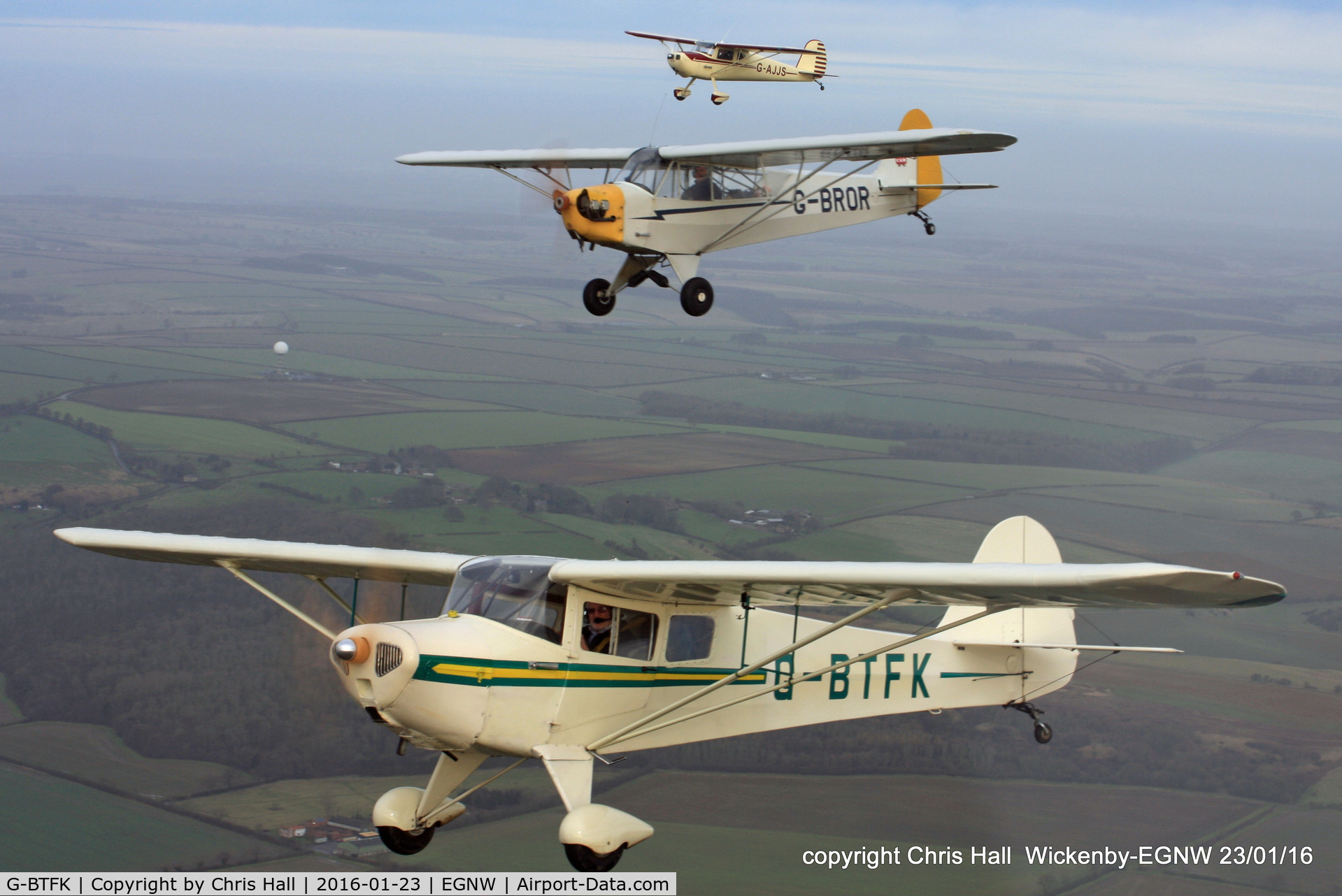 G-BTFK, 1947 Taylorcraft BC-12D Twosome C/N 10540, in formation with BTFK, BROR and AJJS over Wickenby