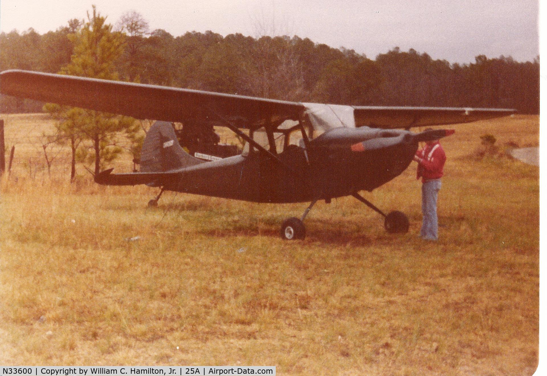 N33600, 1951 Cessna O-1A (305A) Bird Dog C/N 22303, Photo is circa 1979.  N33600 was operated by the Fort McClellan Flying Club based at McMinn Airport (25A) in Weaver, AL.  Gent in the picture was a flight instructor at the airport.  He is now a very senior Captain for FedEx.  Airport is now closed.