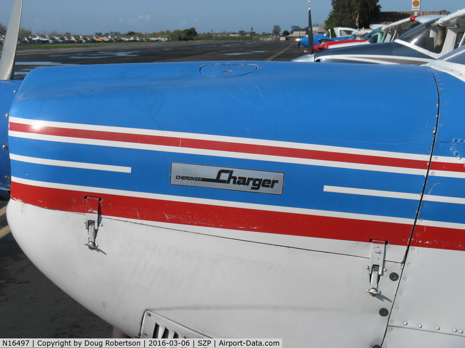 N16497, 1973 Piper PA-28-235 Cherokee Charger C/N 28-7310101, 1973 Piper PA-28-235 CHEROKEE CHARGER, Lycoming O-540-D4B5 235 Hp, cowl logo