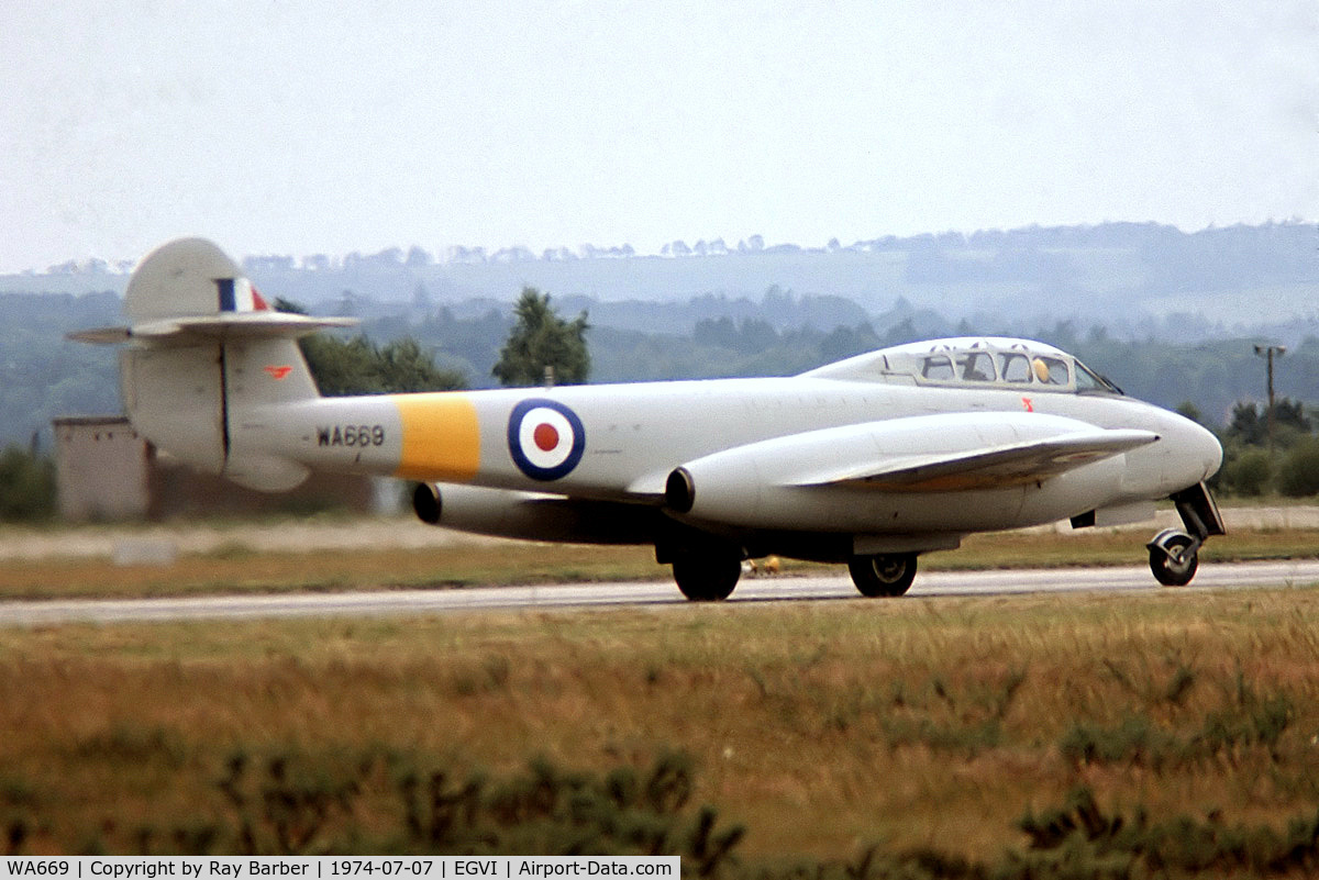 WA669, 1950 Gloster Meteor T.7 C/N Not found WA669, Gloster Meteor T.7 [WA669] (Royal Air Force) RAF Greenham Common~G 07/07/1974. From a slide.