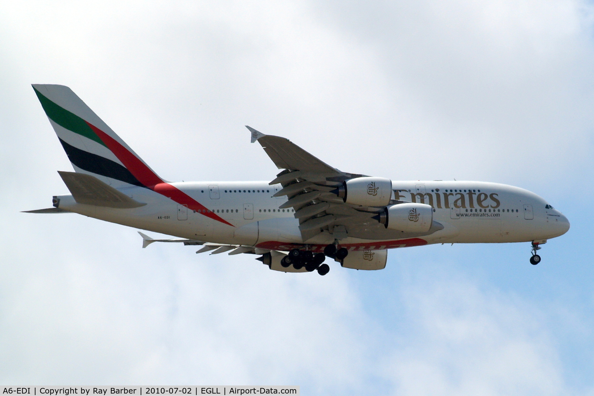 A6-EDI, 2009 Airbus A380-861 C/N 028, Airbus A380-861 [028] (Emirates Airlines) Home~G 02/07/2010. On approach 27L.