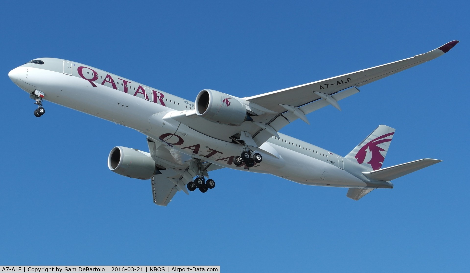 A7-ALF, 2015 Airbus A350-941 C/N 011, Qatar A350 landing 27 at KBOS.