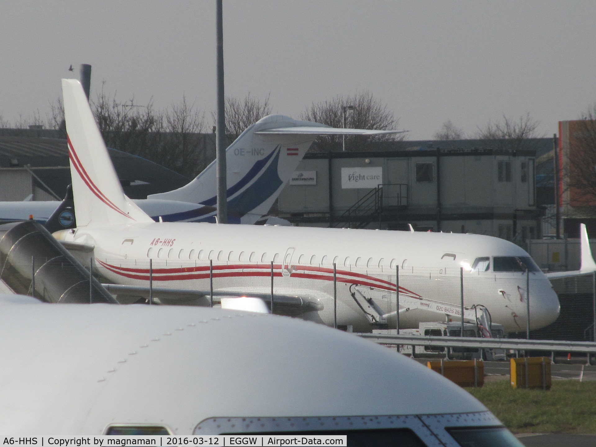 A6-HHS, 2010 Embraer ERJ-190-100ECJ Lineage 1000 C/N 19000296, at luton - viewed from long term CP