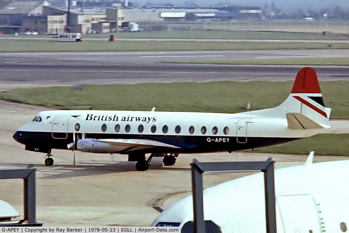 G-APEY, 1958 Vickers Viscount 806 C/N 382, Vickers Viscount 806 [382] (British Airways) Heathrow~G 23/05/1978. From a slide.