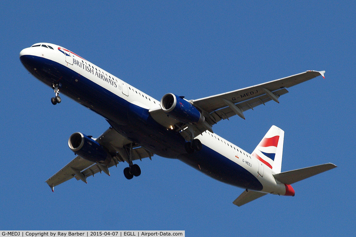 G-MEDJ, 2004 Airbus A321-231 C/N 2190, Airbus A321-231 [2190] (British Airways) Home~G 07/04/2015. On approach 27R Now with new white tail rudder.