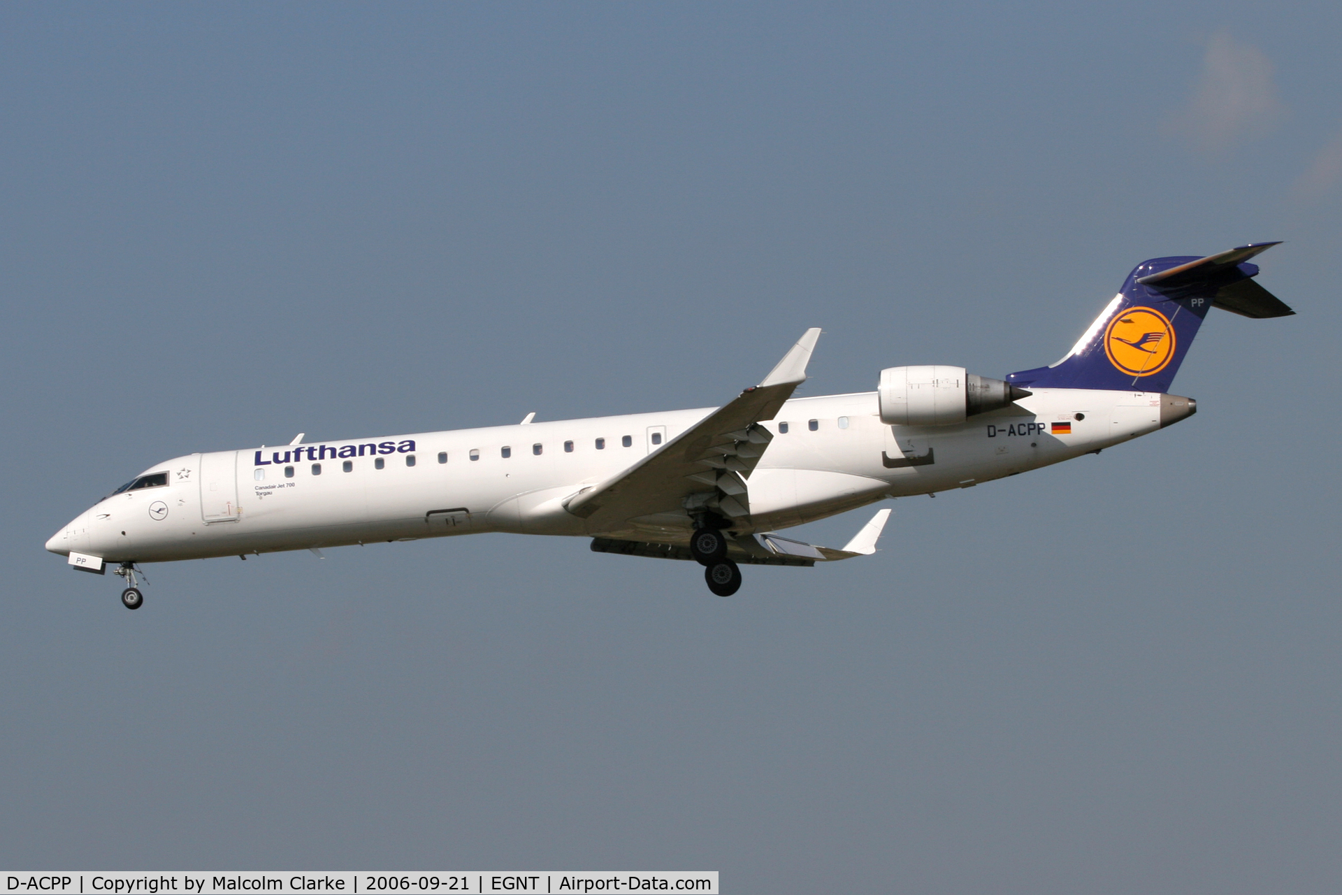 D-ACPP, 2003 Bombardier CRJ-701ER (CL-600-2C10) Regional Jet C/N 10086, Canadair CL-600-2C10 Regional Jet CRJ-701ER on approach to Newcastle Airport, September 2006.