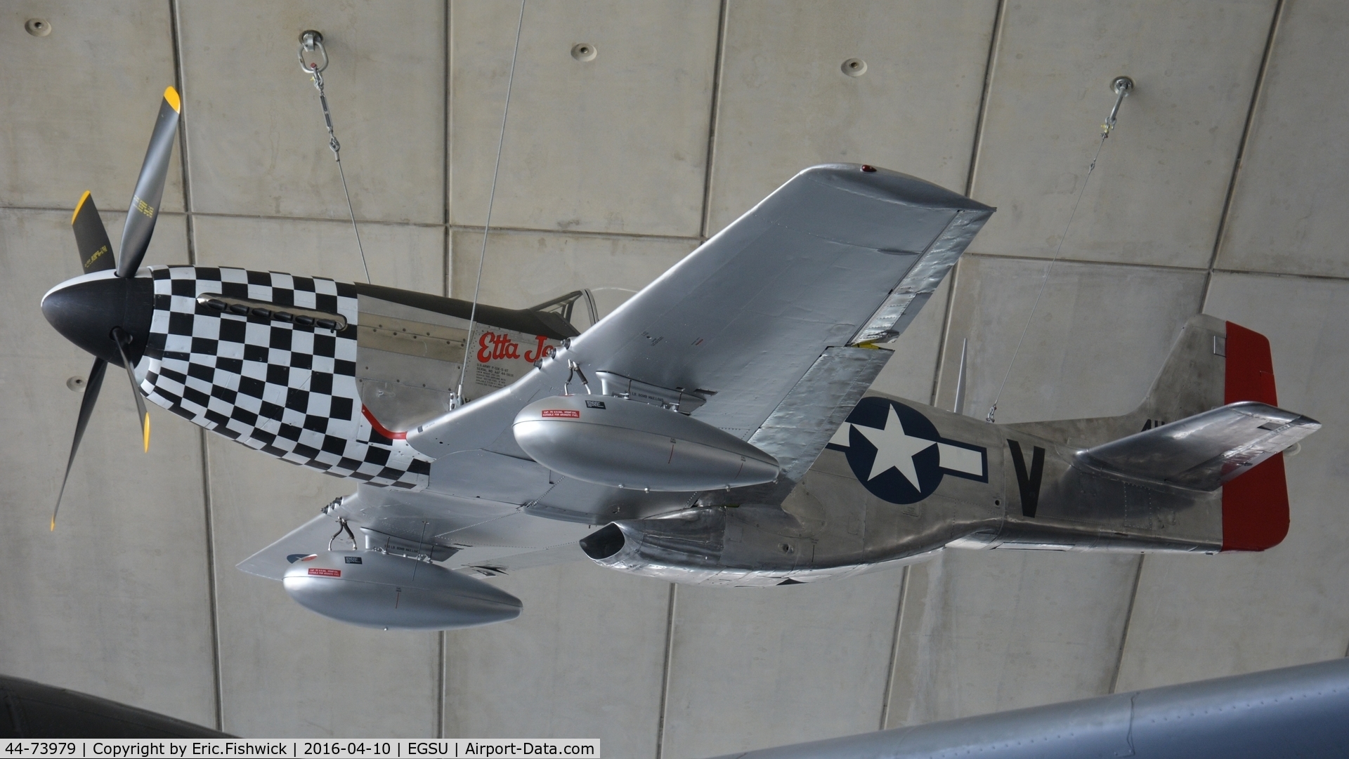 44-73979, North American P-51D Mustang C/N 122-40519, a. 'Etta Jeanne ll' in a prominent position in the American Air Museum at The Imperial War Museum, Duxford, Cambridgshire.