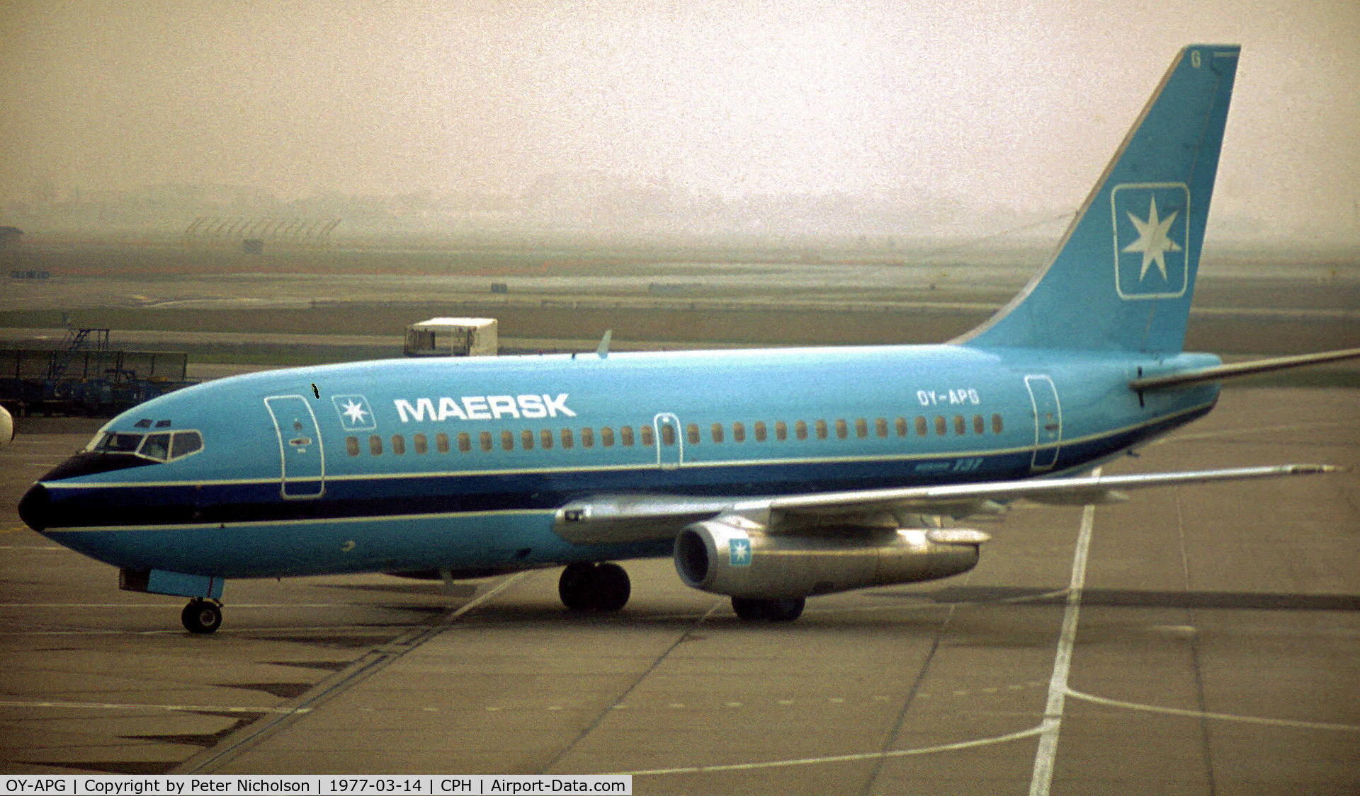 OY-APG, 1976 Boeing 737-2L9 C/N 21278, Boeing 737-2L9 of Maersk as seen at Copenhagen Kastrup in March 1977.