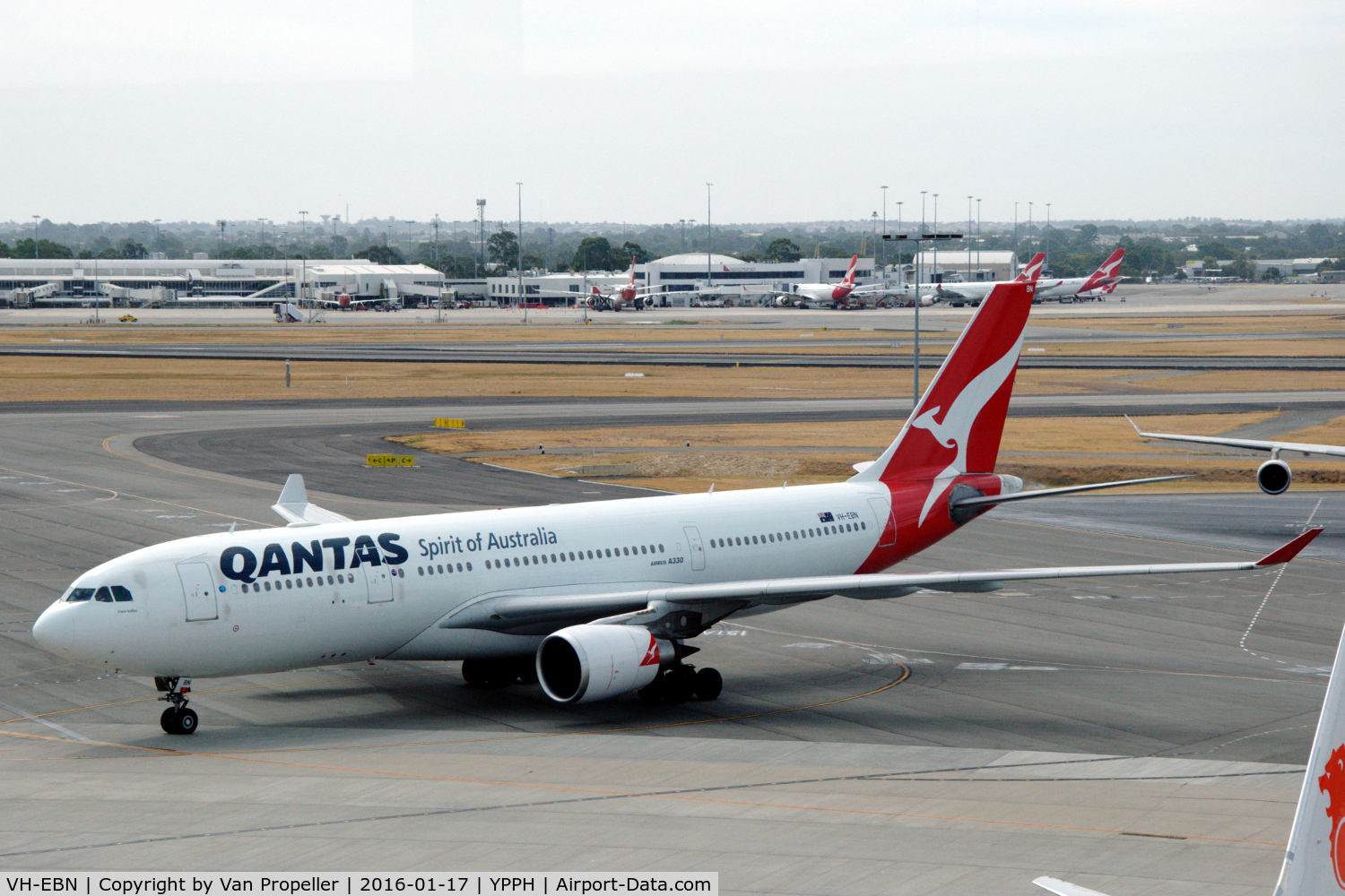 VH-EBN, 2010 Airbus A330-202 C/N 1094, Airbus A330-202 of Qantas taxying towards its gate at Perth airport, Western Australia