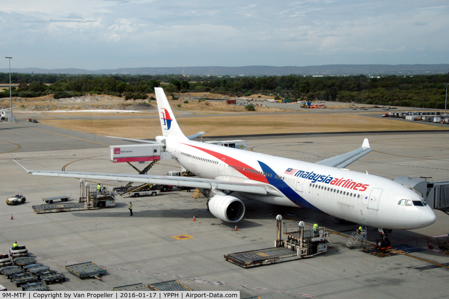 9M-MTF, 2012 Airbus A330-323X C/N 1281, Airbus A330-323 of Malaysia Airlines at the peer at Perth airport, western Australia