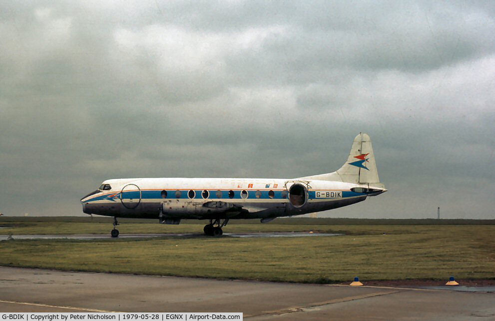 G-BDIK, 1954 Vickers Viscount 708 C/N 37, Ex Air Inter Viscount 708 as seen at East Midland Airport in May 1979