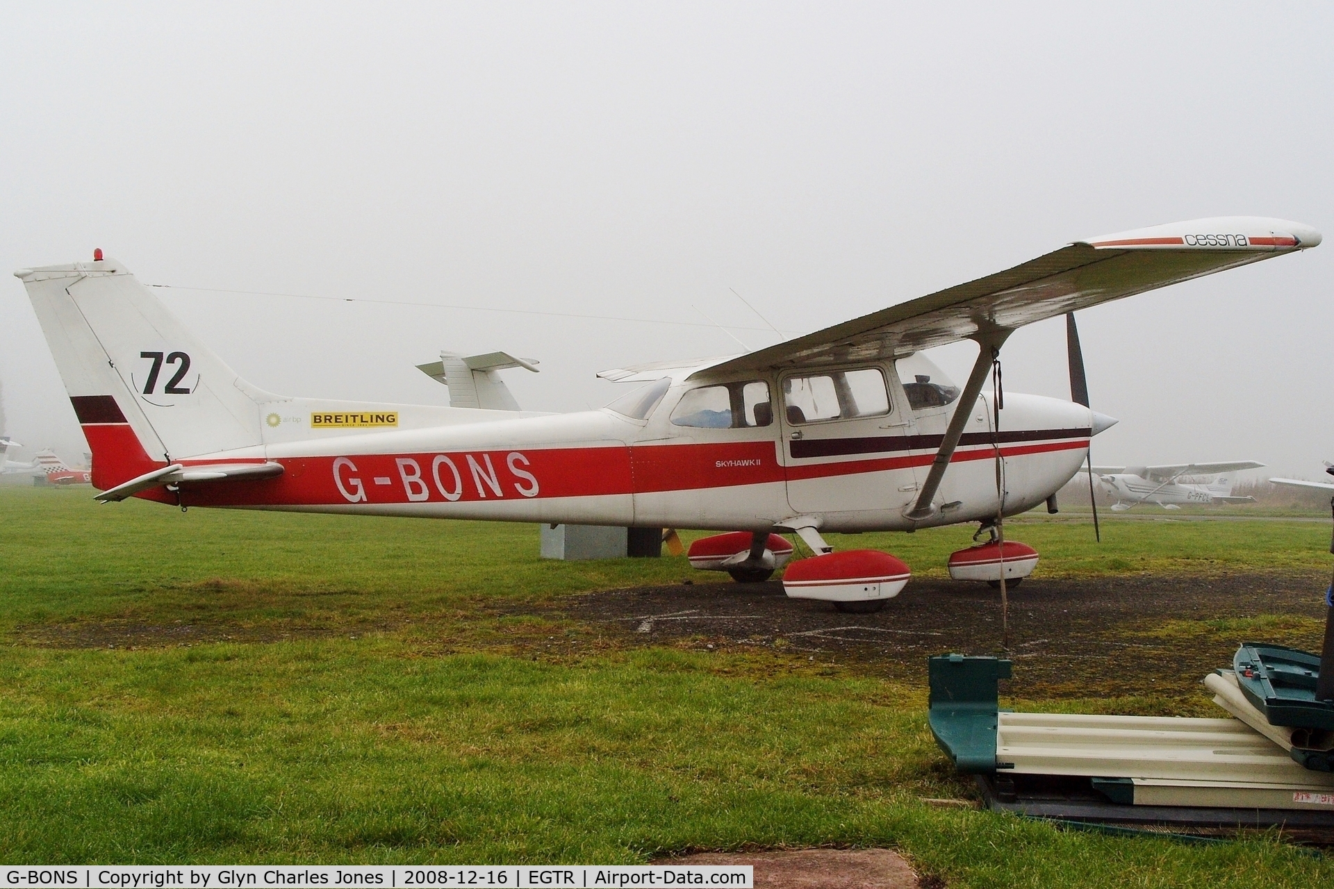G-BONS, 1976 Cessna 172N C/N 172-68345, Taken on a quiet cold and foggy day. With thanks to Elstree control tower who granted me authority to take photographs on the aerodrome. Previously C-GIUF. Owned by G-BONS Group. Sporting '72'.