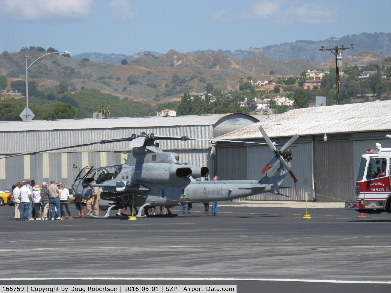 166759, 2005 Bell AH-1Z Viper C/N Not found 166759, Bell Textron AH-1Z COBRA/VIPER USMC Attack Helicopter, two General Electric T700-GE-401C/C Turboshaft engines 1,800 shp each, quite an attraction adjacent the Pendleton hangar.