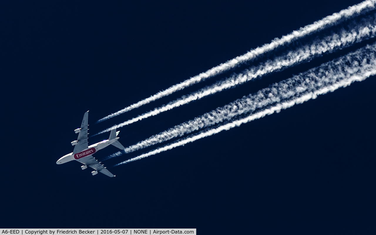 A6-EED, 2012 Airbus A380-861 C/N 111, cruising at 40000 feet as EK73 from Dubai to Paris