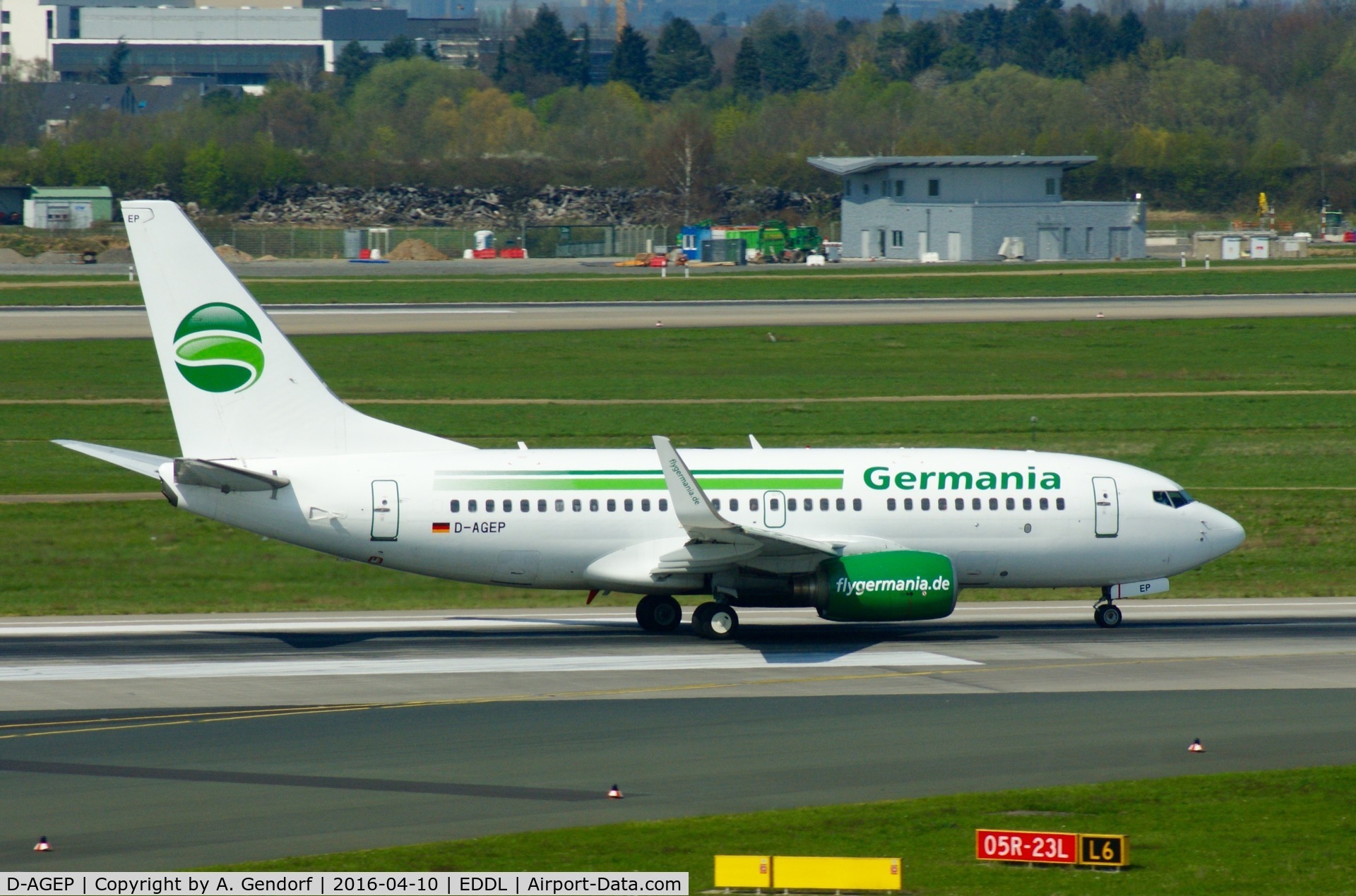 D-AGEP, 1998 Boeing 737-75B C/N 28102, Germania, is here speeding up on RWY 05R at Düsseldorf Int'l(EDDL)