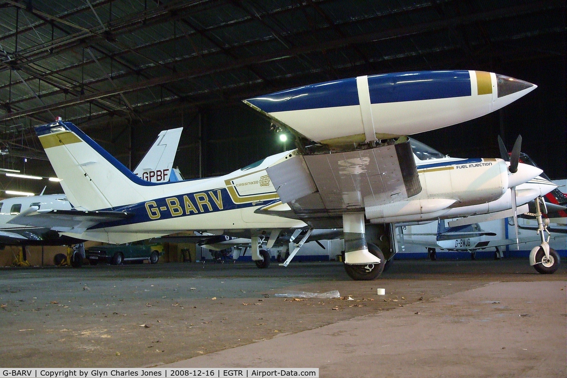 G-BARV, 1973 Cessna 310Q C/N 310Q-0774, With thanks to the engineer of Metair who granted me authority to take photos in the hangar. Owned by Old England Watches Ltd.