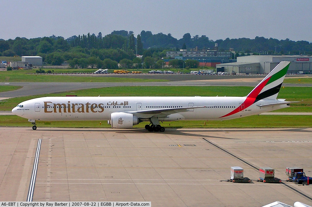 A6-EBT, 2006 Boeing 777-31H/ER C/N 32730, Boeing 777-31HER [32730] (Emirates Airlines)  Birmingham Int'l~G 22/08/2007