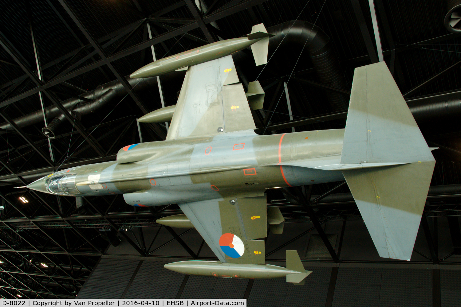 D-8022, Lockheed F-104G Starfighter C/N 683-8022, Lockheed F-104G Starfighter of the Royal Netherlands Air Force suspended upside down from the roof of the National Military Museum in Soesterberg, the Netherlands