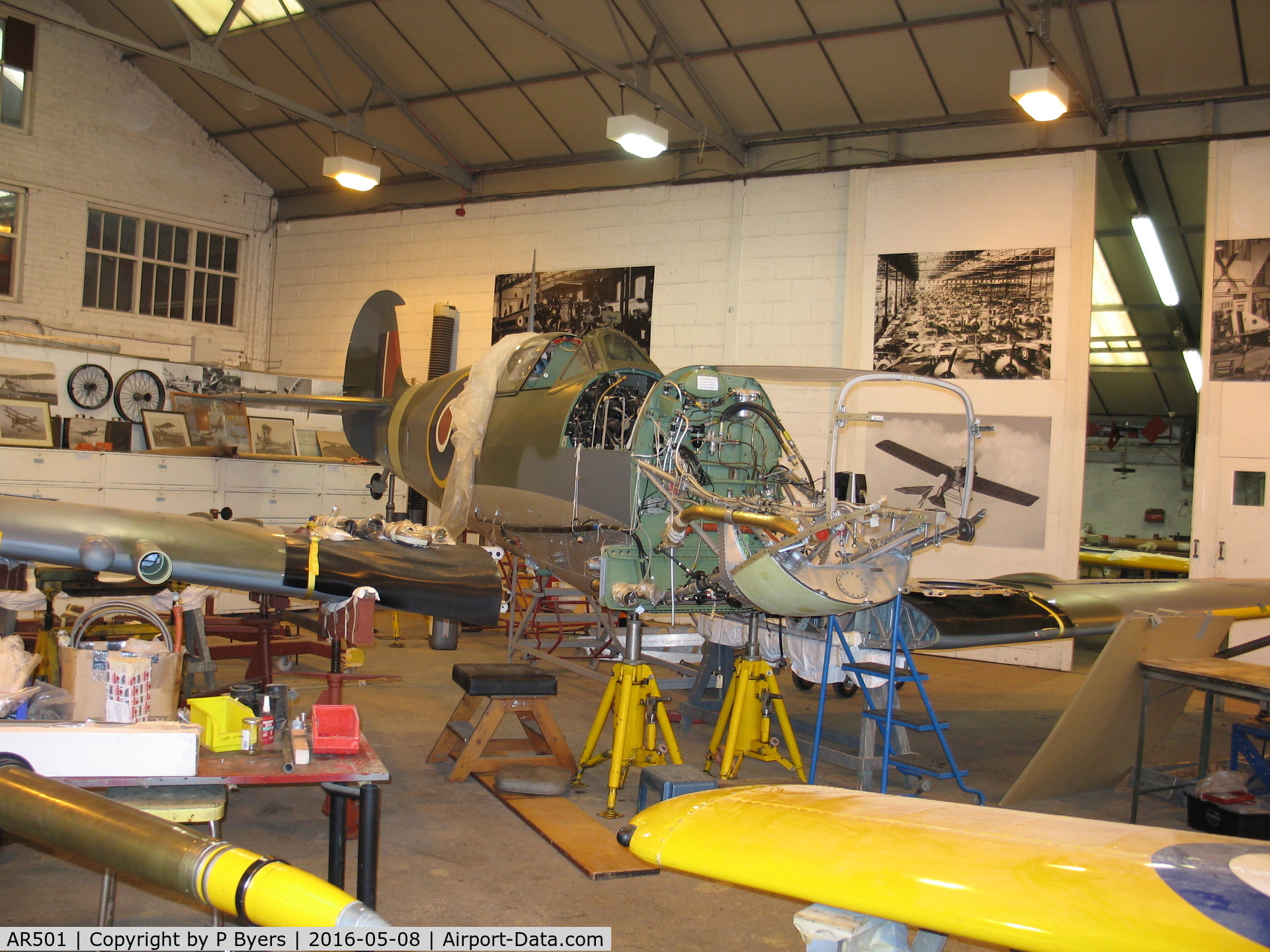 AR501, 1942 Supermarine 349 Spitfire LF.Vc C/N WASP/20/223, In workshop at Shuttleworth, Old Warden