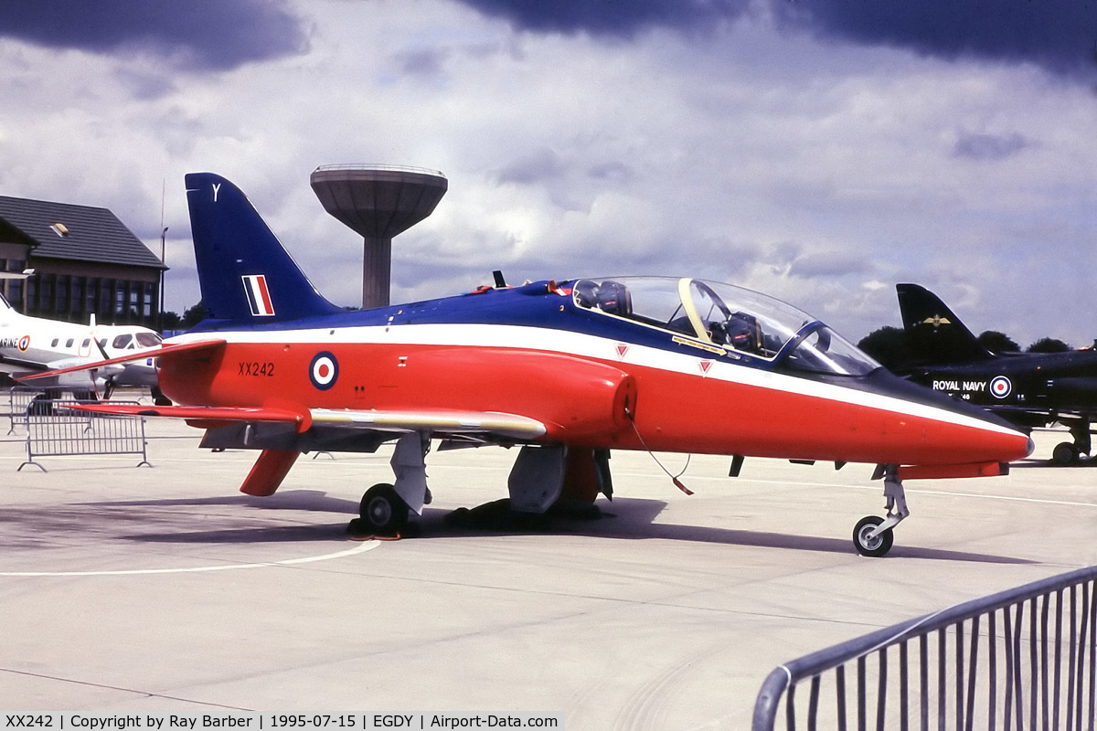 XX242, 1978 Hawker Siddeley Hawk T.1 C/N 078/312078, BAe Systems Hawk T.1A [31278] (Royal Air Force) RNAS Yeovilton~G 15/07/1995. From a slide.