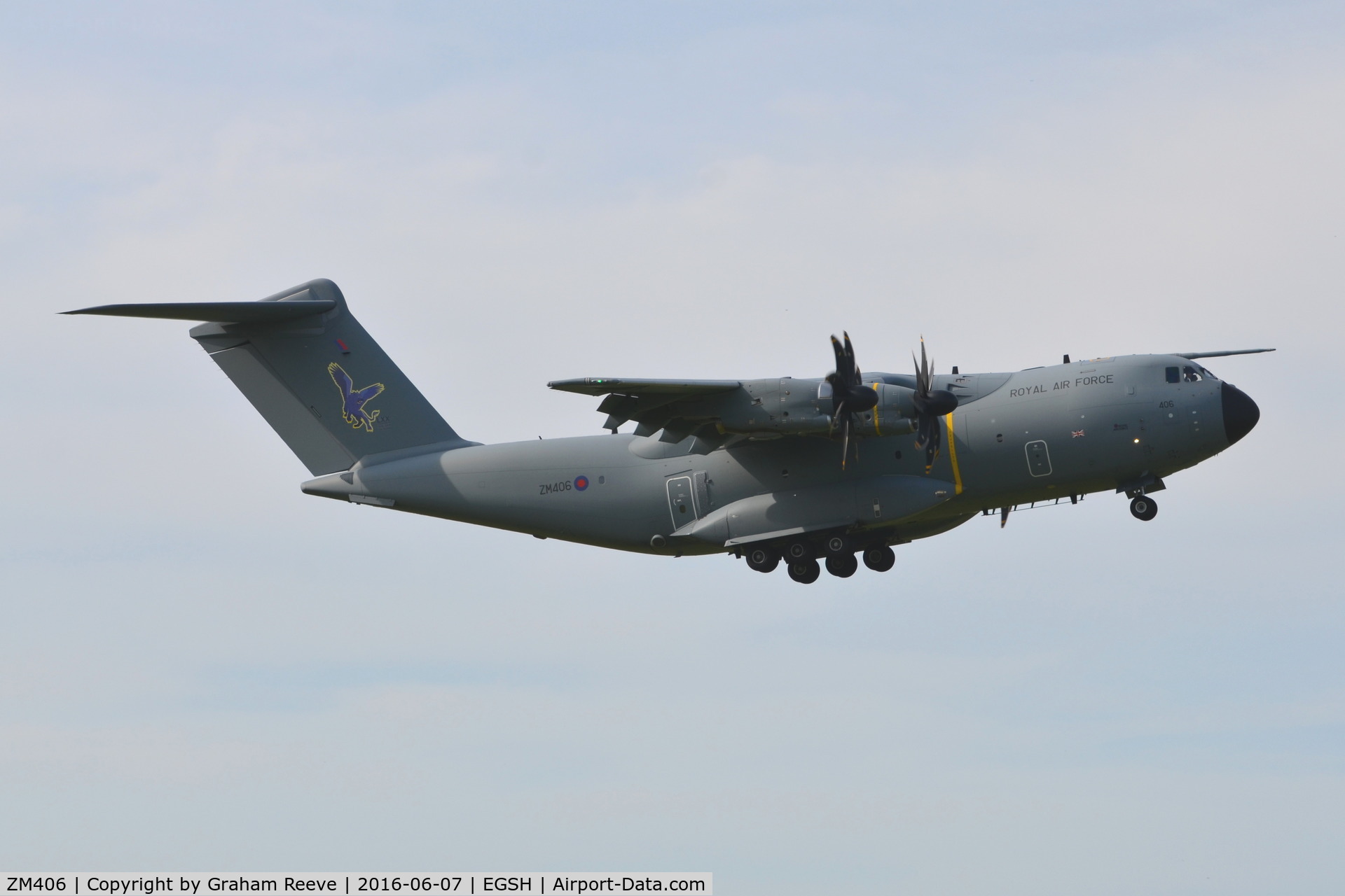ZM406, 2015 Airbus A400M Atlas C.1 C/N 025, On approach to Norwich.