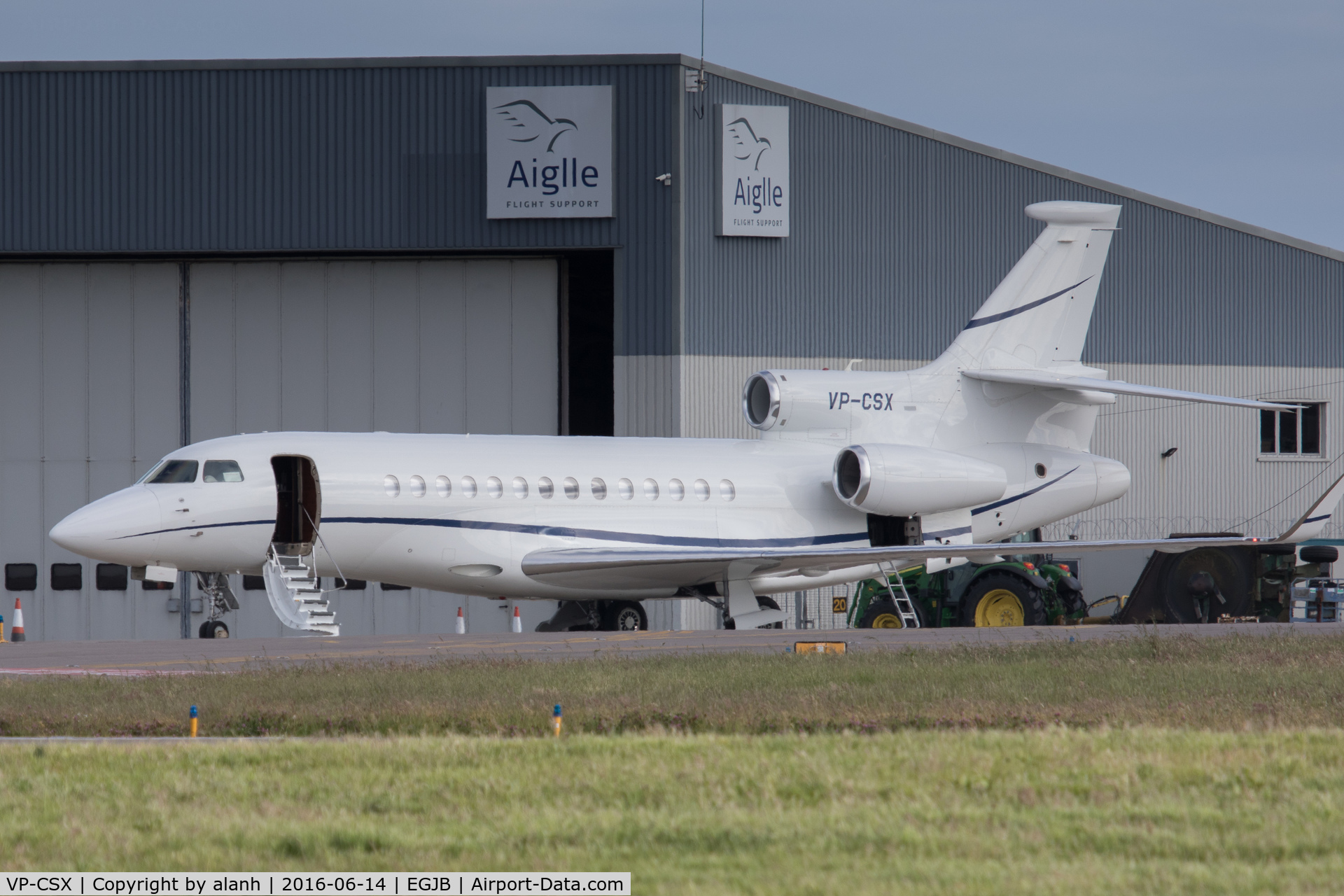 VP-CSX, 2011 Dassault Falcon 7X C/N 147, Parked outside the Aiglle hangar in Guernsey