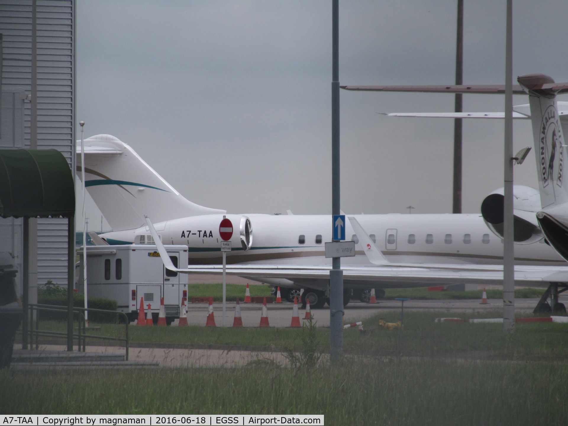 A7-TAA, 2015 Bombardier BD-700-1A10 Global 6000 C/N 9661, at Stansted long shot across apron