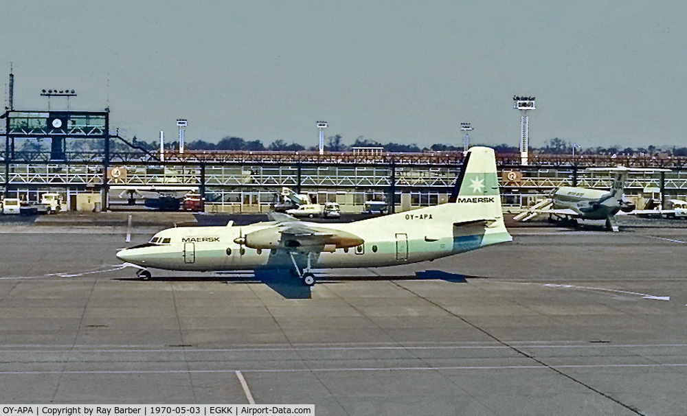 OY-APA, 1969 Fokker F-27-500 Friendship C/N 10425, Fokker F-27-500 Friendship [10425] (Maersk Air) Gatwick~G 03/05/1970. From a slide.