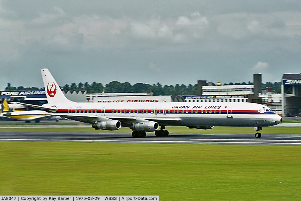 JA8047, 1971 Douglas DC-8-61 C/N 46159, Douglas DC-8-61 [46159] (Japan Air Lines) Singapore-Changi~9V 29/03/1975. From a slide.