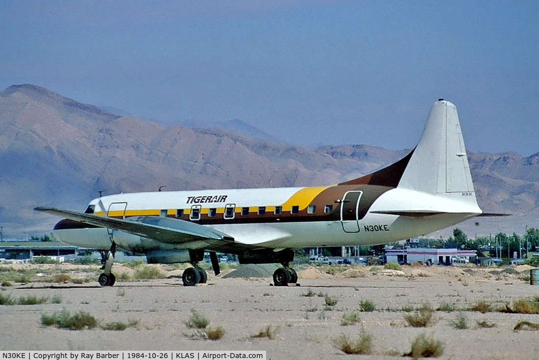 N30KE, 1967 Convair 440-11 Metropolitan C/N 364, Convair 440-11 [364] (Tigerair) Las Vegas-McCarran Int'l 26/10/1984. From a slide.