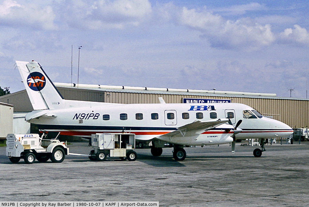 N91PB, 1980 Embraer EMB-110P1 Bandeirante C/N 110259, N91PB   Embraer Emb-110P1 Bandeirante [110259] (PBA-Provincetown-Boston Airlines) Naples-Municipal~N 07/10/1980. From a slide.