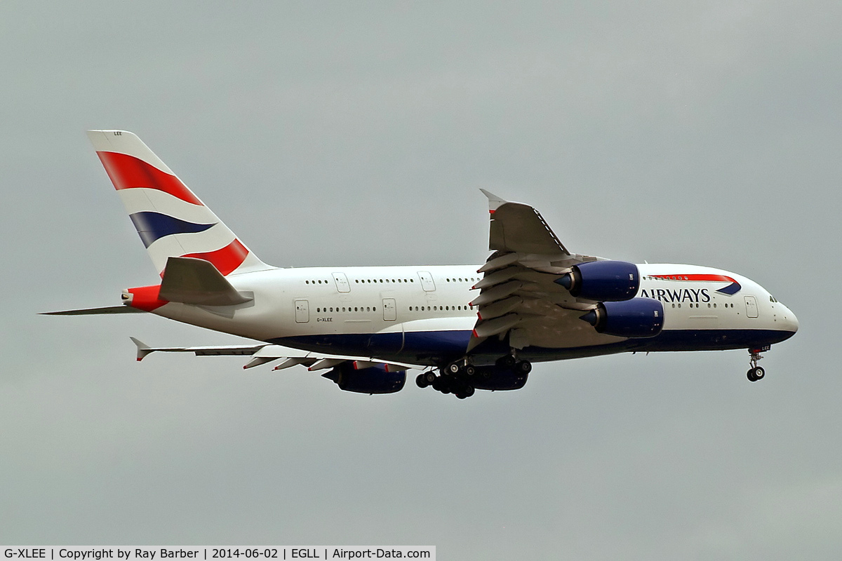 G-XLEE, 2013 Airbus A380-841 C/N 148, Airbus A380-841 [148] (British Airways) Home~G 02/06/2014. On approach 27L.