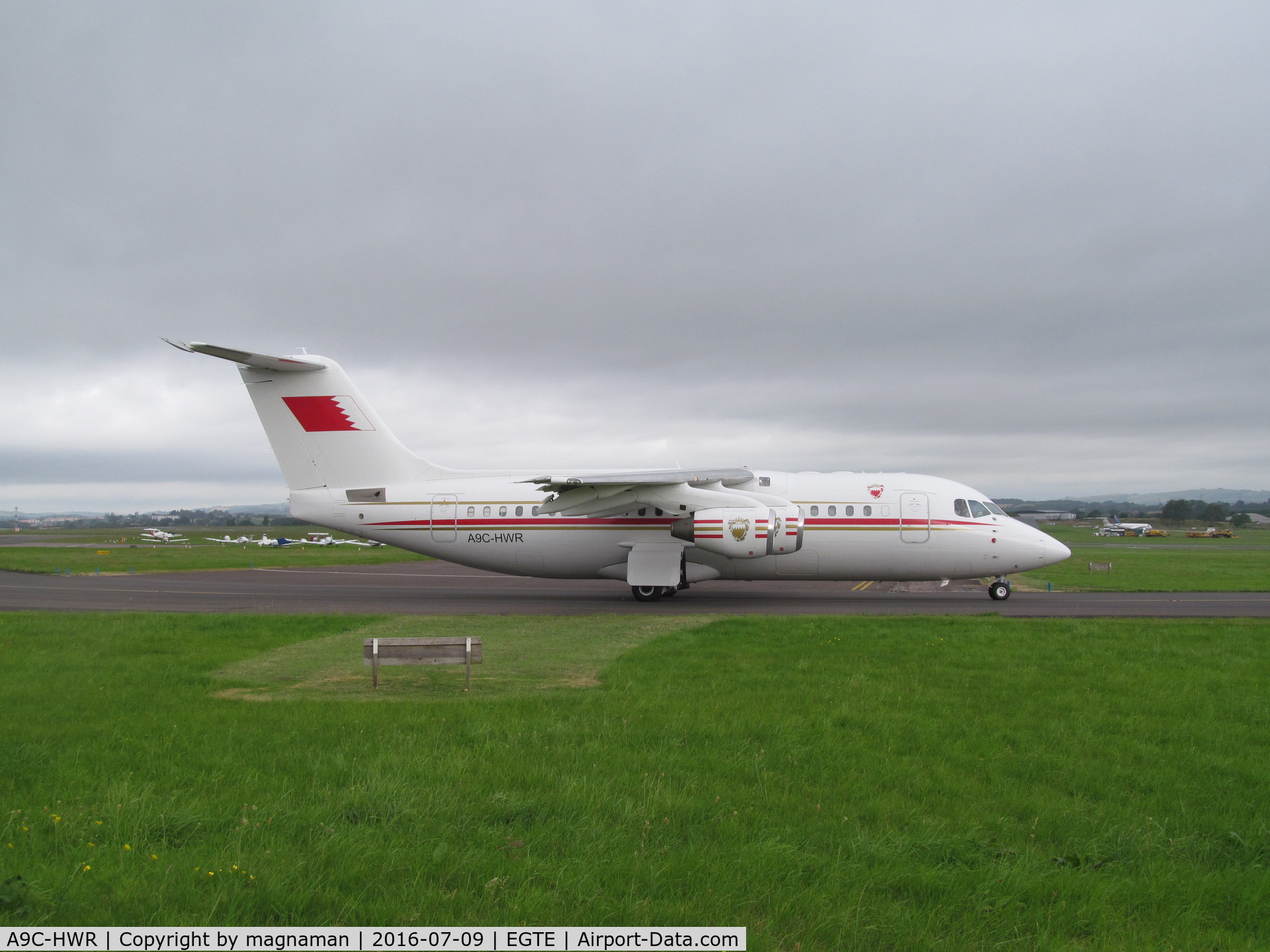 A9C-HWR, 1997 British Aerospace Avro 146-RJ85 C/N E.2306, departing for home