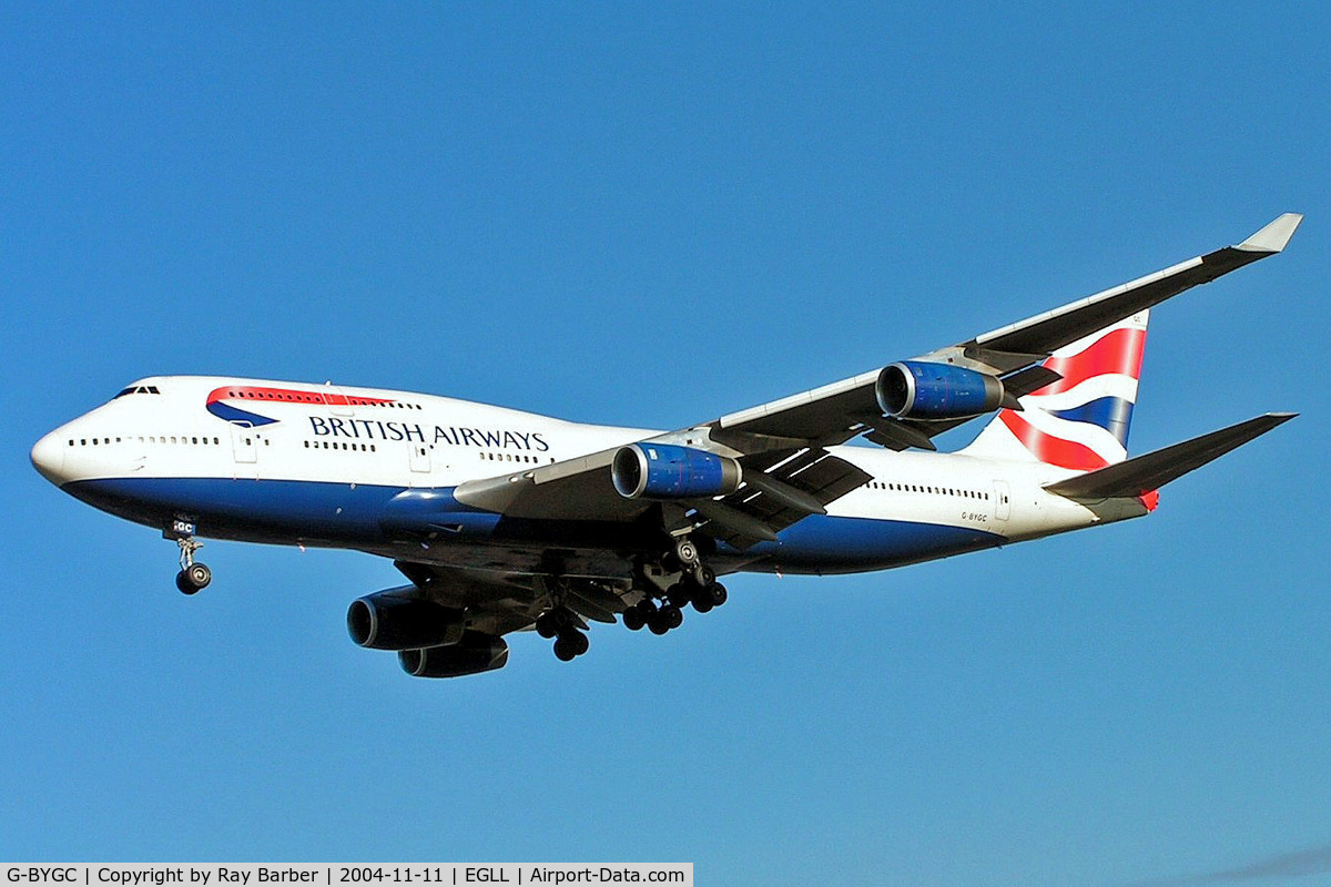 G-BYGC, 1999 Boeing 747-436 C/N 25823, Boeing 747-436 [25823] (British Airways) Heathrow~G 11/11/2004. On finals 27L.