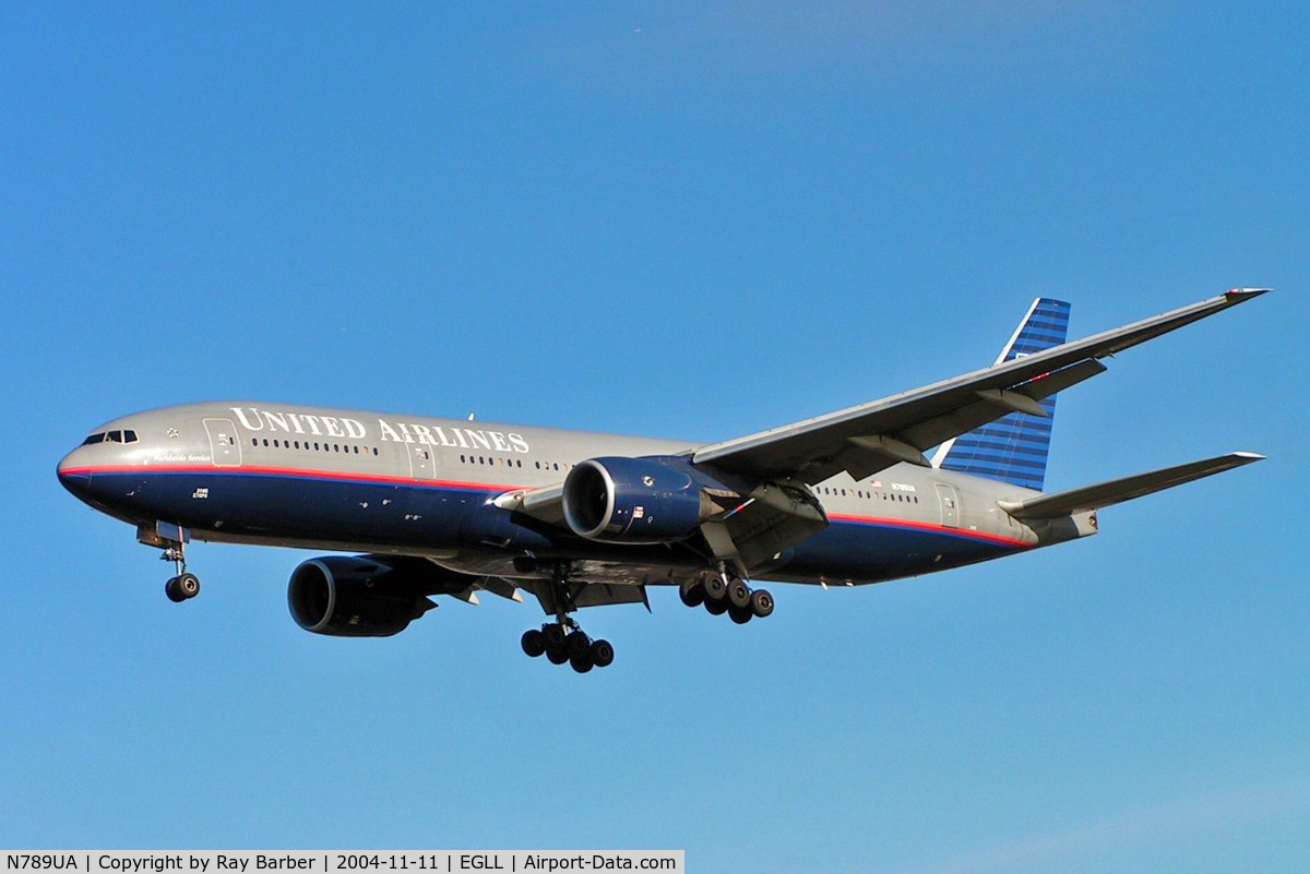 N789UA, 1997 Boeing 777-222 C/N 26935, Boeing 777-222ER [26935] (United Airlines) Heathrow~G 11/11/2004. On finals 27L.