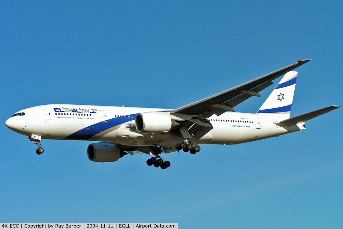 4X-ECC, 2001 Boeing 777-258/ER C/N 30833, Boeing 777-258ER [30833] (El Al-Israel Airlines) Heathrow~G 11/11/2004. On finals 27L.
