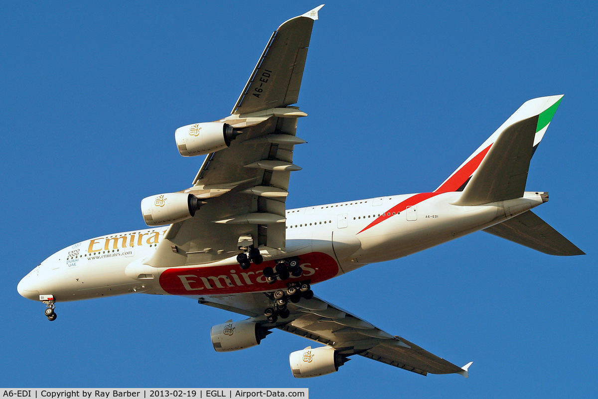 A6-EDI, 2009 Airbus A380-861 C/N 028, A6-EDI   Airbus A380-861 [028] (Emirates Airlines) Home~G 19/02/2013. On approach 27R.