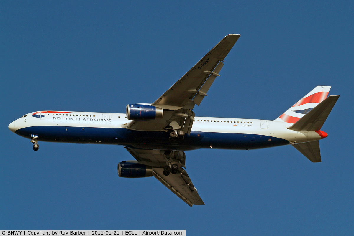 G-BNWY, 1996 Boeing 767-336 C/N 25834, Boeing 767-336ER [25834] (British Airways) Home~G 21/01/2011. On approach 27R.