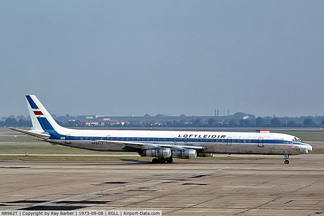N8962T, 1967 Douglas DC-8-71F C/N 45900, Douglas DC-8-71 [45900] (Loftleider) Heathrow~G 08/09/1973. From a slide.