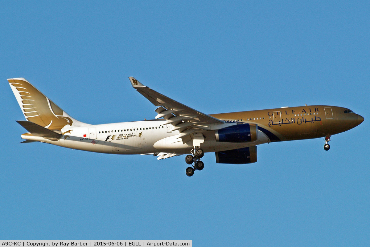 A9C-KC, 1999 Airbus A330-243 C/N 286, Airbus A330-243 [286] (Gulf Air) Home~G 06/06/2015. On approach 27L . Now wears revised Grand Prix design  titles.