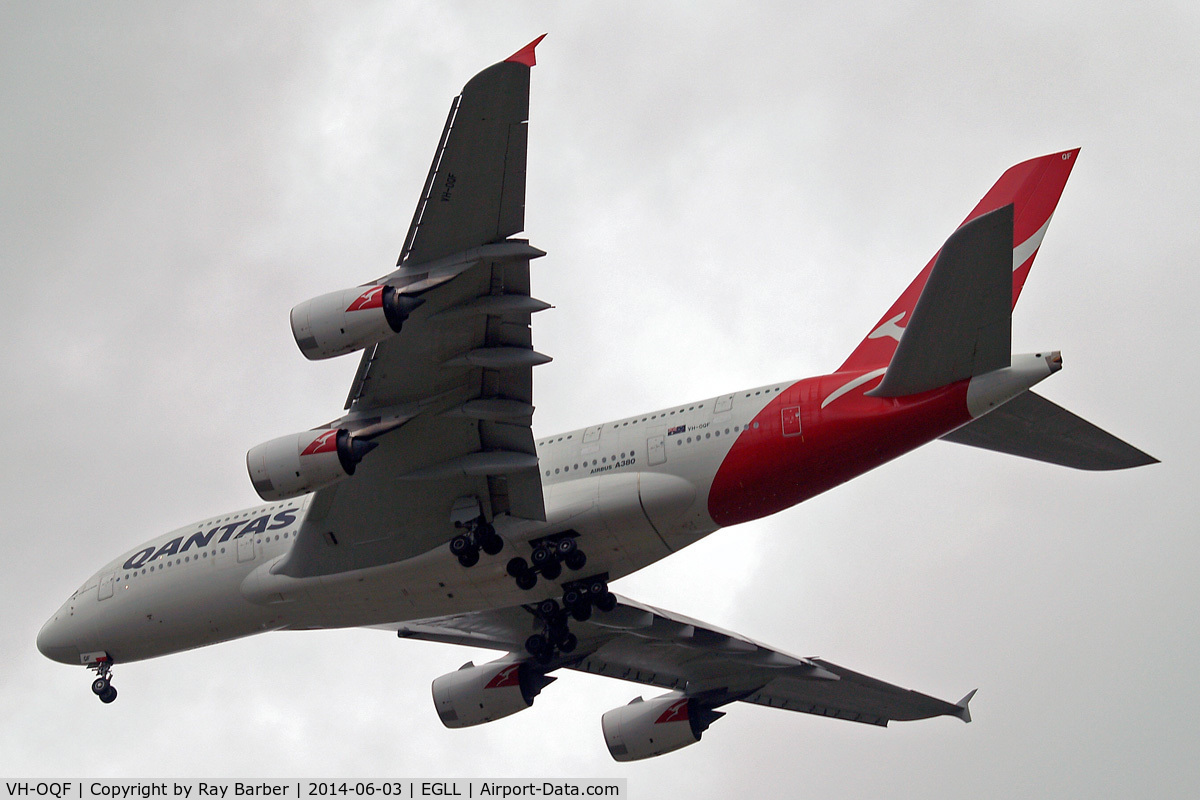 VH-OQF, 2009 Airbus A380-842 C/N 029, Airbus A380-841 [029] (QANTAS) Home~G 03/06/2014. On approach 27R.