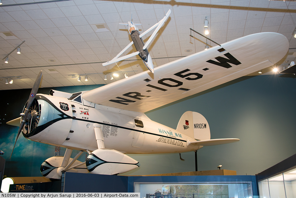 N105W, 1929 Lockheed Vega 5C C/N 72, On display at the National Air and Space Museum. This specially modified Vega set the record in 1931 for the first around the world flight by a fixed-wing aircraft, taking eight days in the hands of Wiley H. Post and Harold Gatty.