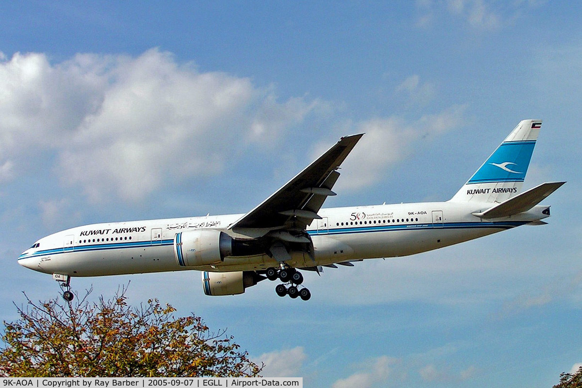 9K-AOA, 1998 Boeing 777-269/ER C/N 28743, Boeing 777-269ER [28743] (Kuwait Airways) Heathrow~G 07/09/2005. Wears special Anniversary titles on the rear fuselage. On finals 27L.
