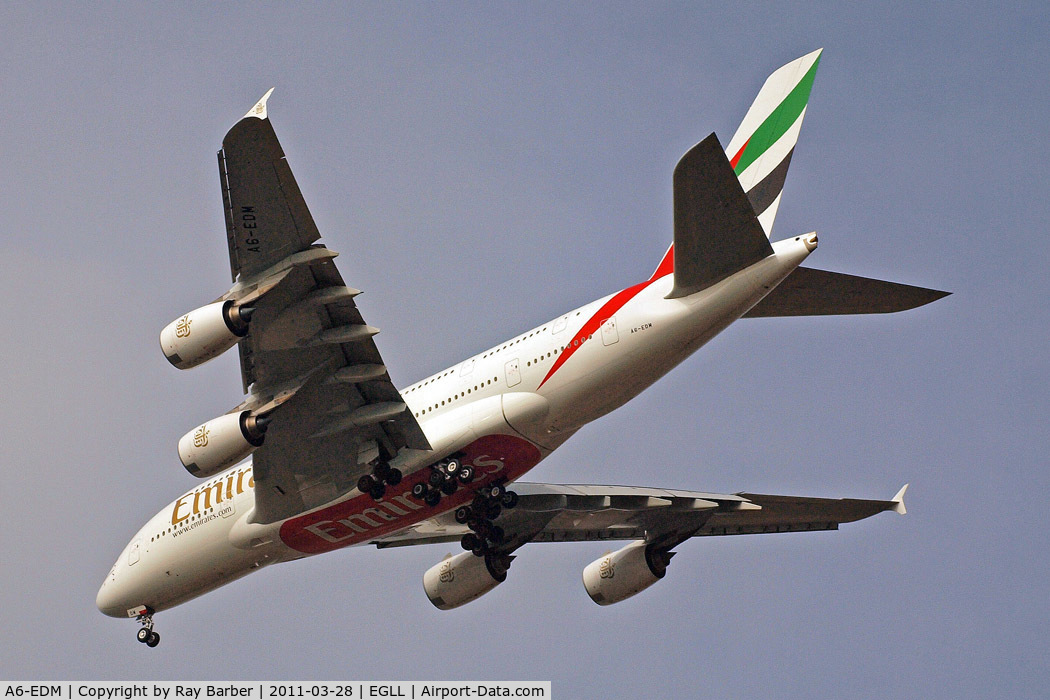 A6-EDM, 2010 Airbus A380-861 C/N 042, Airbus A380-861 [042] (Emirates Airlines) Home~G 28/03/2011. On approach 27R.