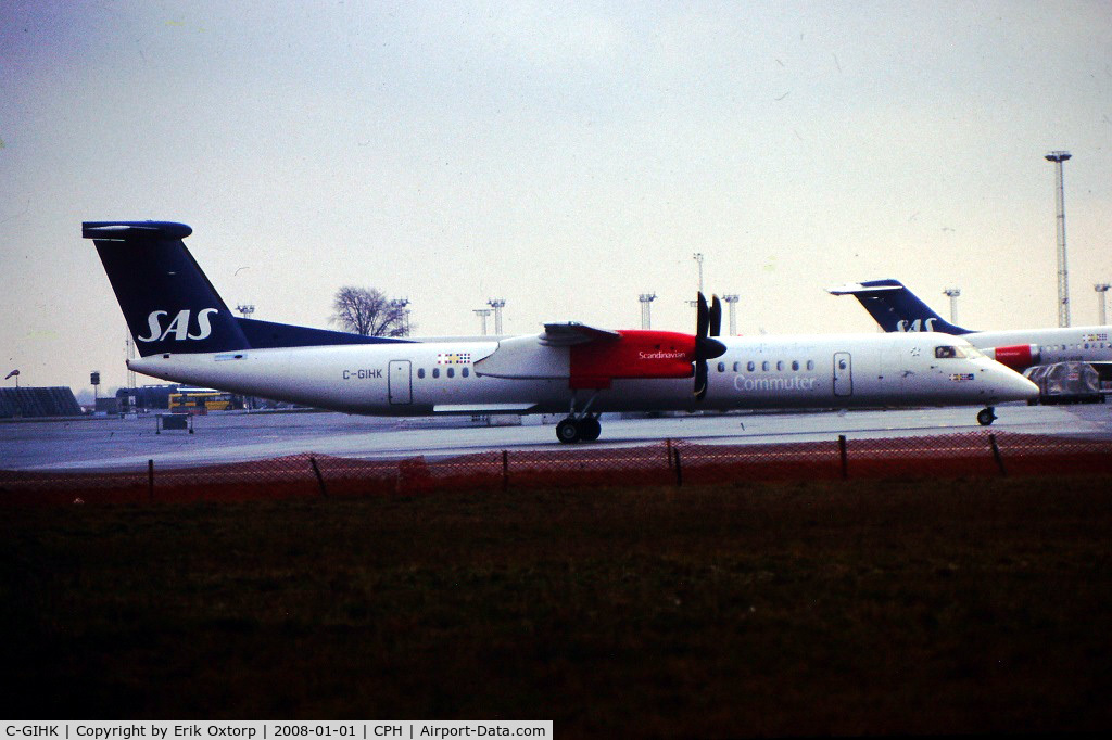 C-GIHK, 1998 De Havilland Canada DHC-8-402Q Dash 8 C/N 4004, C-GIHK in CPH JAN00. Delivered 1999-12-02. Used fot crew trng  fr. 1999-12-07  to 2000-01-19 (prior delivery of SAS own Q400's). Returned 2000-01-21. Named 