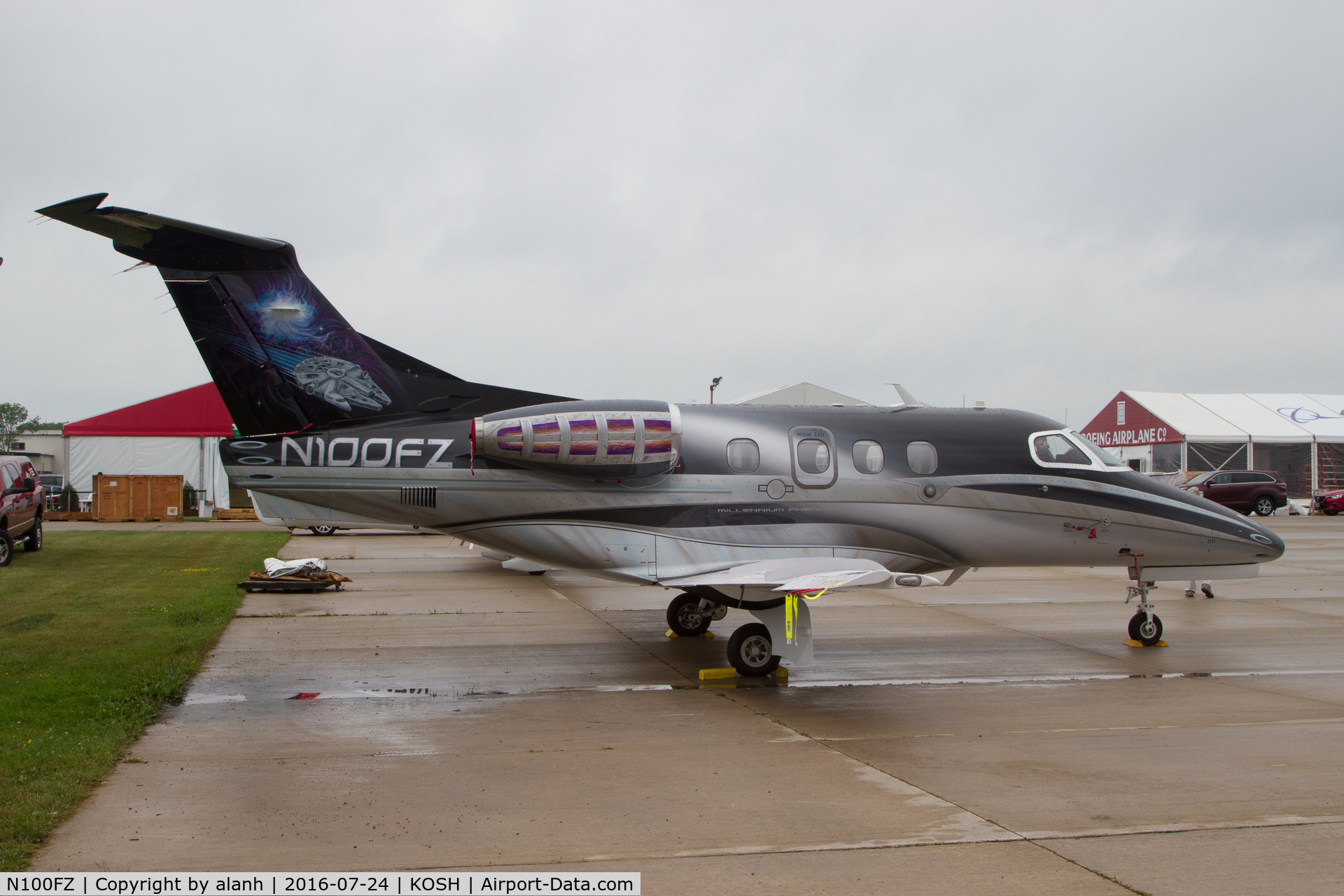 N100FZ, 2010 Embraer EMB-500 Phenom 100 C/N 50000137, At Airventure 2016 with a Star Wars custom paint job and Millenium Phenom titles